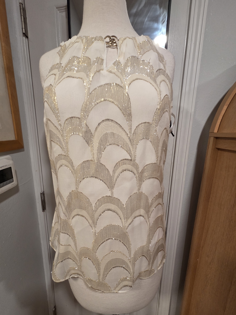 White House Black Market Ivory and Gold Sequin Halter Top